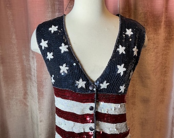 Chaleco vintage Quaker Factory con lentejuelas, bandera patriótica estadounidense y estrellas, talla L