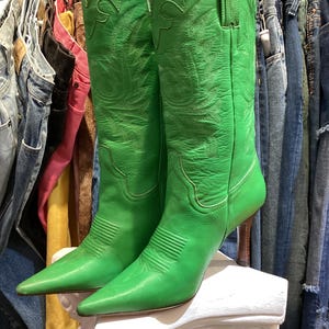 Vintage Y2K Charlie Horse Leather Cowboy Western Green Boots 7 1/2