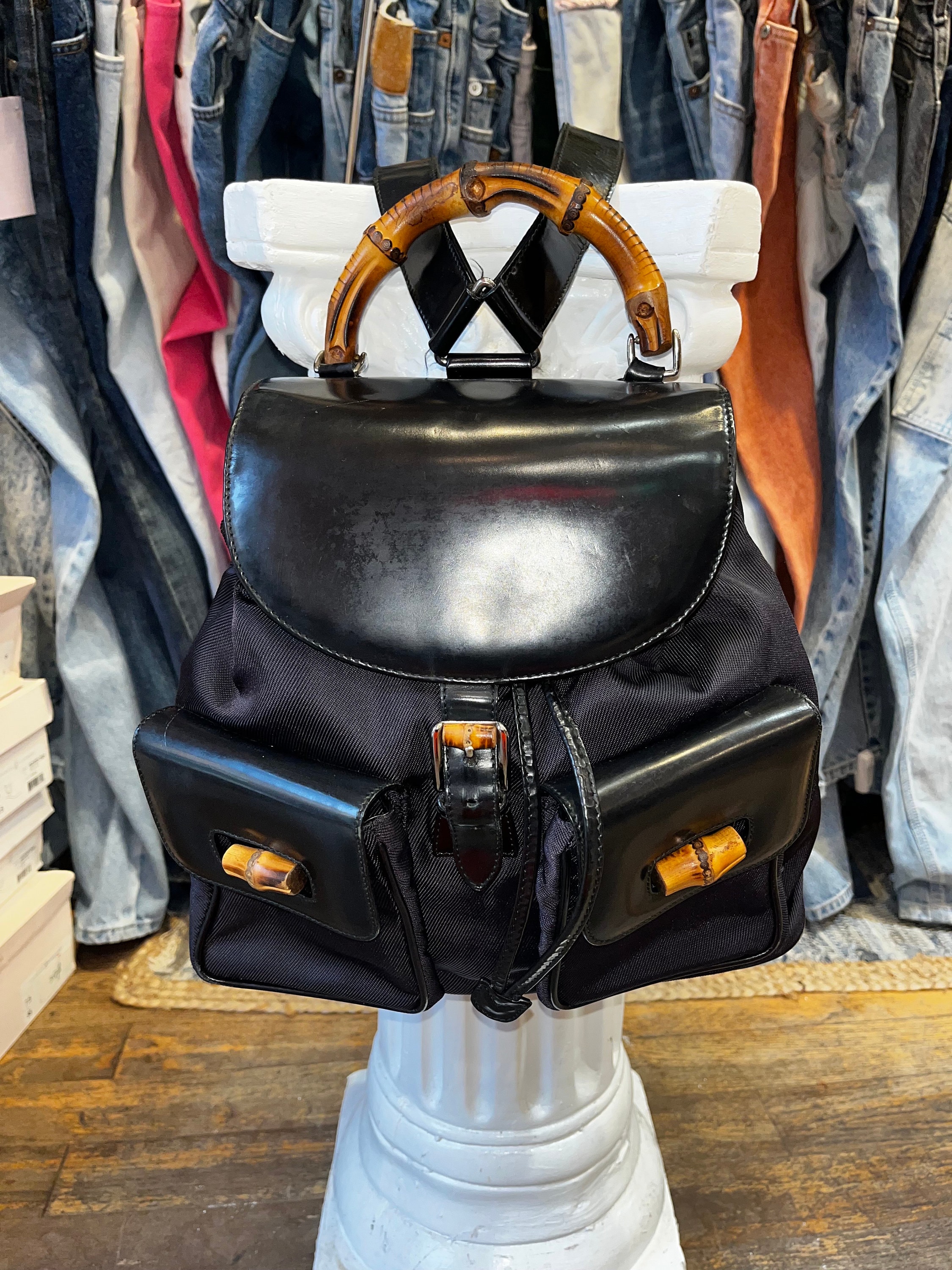 Vintage 90s Gucci Nylon Bamboo Handle Leather Backpack Vintage 90s Gucci Nylon Bamboo Handle Leather Backpack