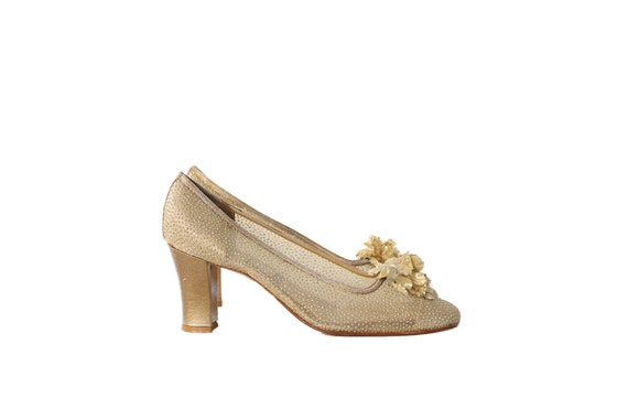 Vtg 80s STUART WEITZMAN Nude MESH Gold Metallic Ca