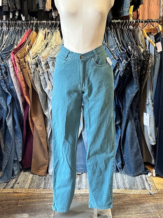 Vintage teal high rise tapered leg fit jeans