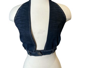 Top de cuello halter estilo años 70 de mezclilla reciclada vintage M