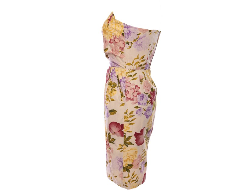 Vtg 90s FLORAL STRAPLESS TULIP Shift Draped Cocktail Party Mini Dress xS S