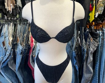 Vintage 90s Hi-Cut texture faux leather High Waist Bikini Top and Bottoms S