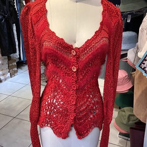 Vintage 1970’s Red Crochet Cardigan Top Size M