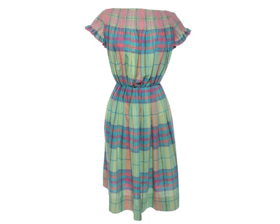Vtg 50s MADRAS NEON PLAID Smocked Cotton Sun Midi