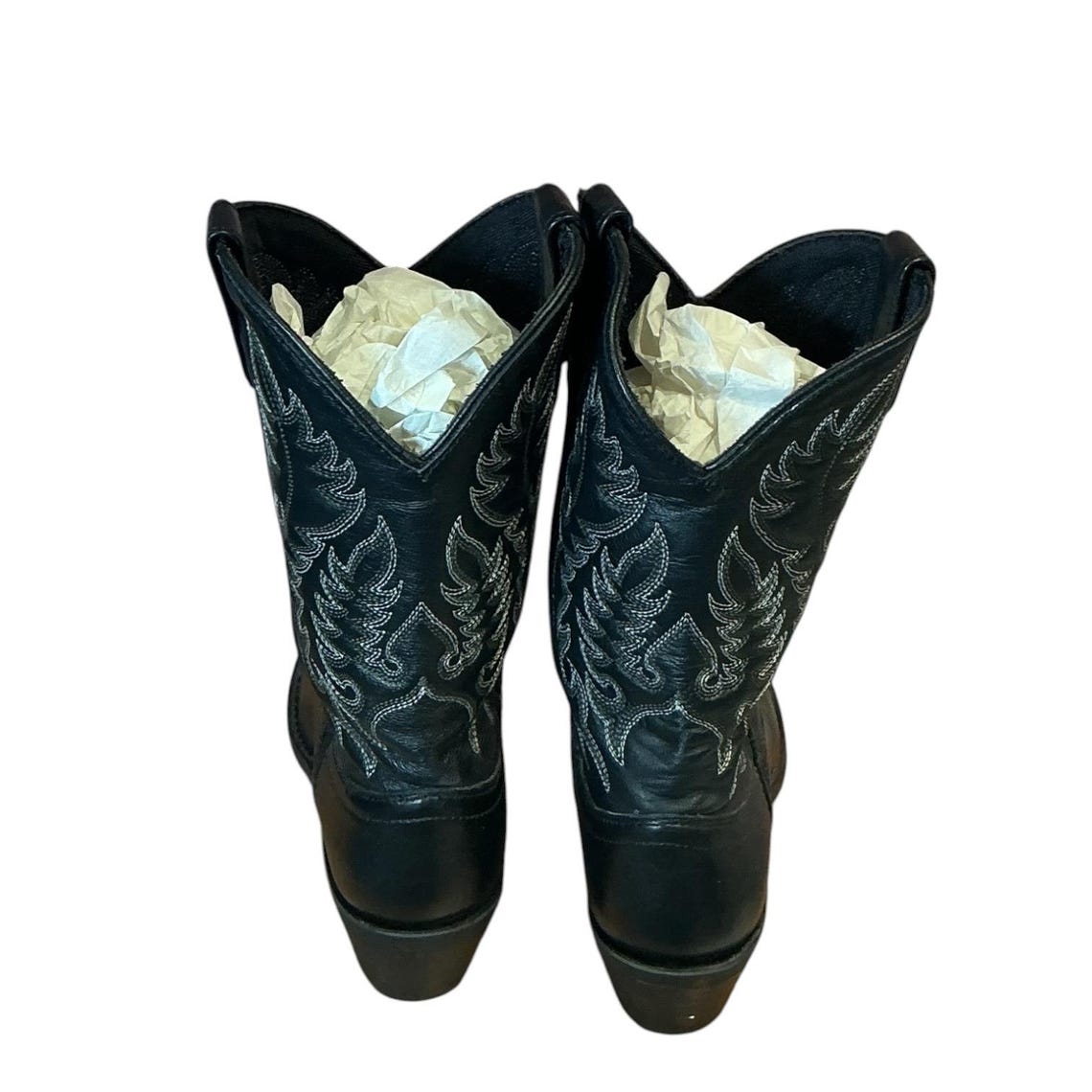 Vintage 1980s Laredo Black Leather Flame Stitch Cowboy Boots Size 6 6.5, foto 2 di 3