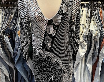 Vintage 80s Art Deco beaded Silk Party Dress