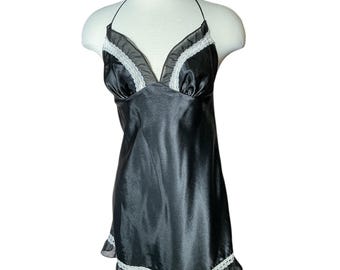 Vintage Y2K Victoria’s Secret Polyester Black Ruffle Lace Trim Halter Cami Slip Dress Nightie S