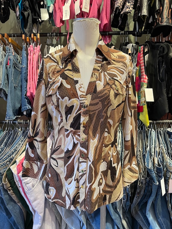 Vintage y2k Caché Sequin Disco Snap Button Down B… - image 1