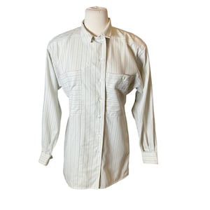 Vintage 90s Striped Button-Down White & Grey Pinstripe Blouse Collared Shirt S