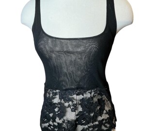 Vintage Y2K Victoria’s Secret Black Mesh Peplum Lace Trim Cami Top L