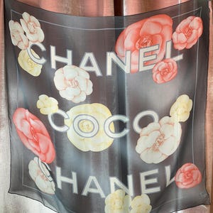 Vintage Y2K Chanel Silk CC Logo Camellia Grey Scarf - Etsy