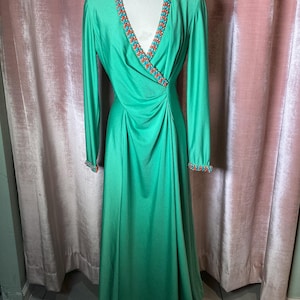 Vintage 70’s Beaded Trim Wrap Surplus Jersey Long Sleeve Maxi Gown