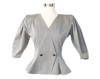 VINTAGE 1980&#39;s EMANUEL UNGARO Pin Stripe Peplum Puff Sleeve Top