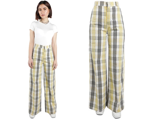 Vtg 70s PLAID Hi Waist WIDE LEG Flare Bell Bottom
