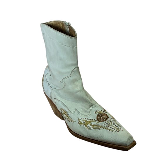 Vintage Cube White Leather Gold Studded Point Toe Cowboy Boot with Zipper Size 38
