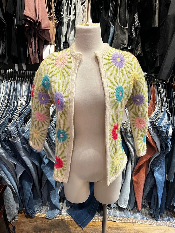 Vintage wool hand knit floral cardigan