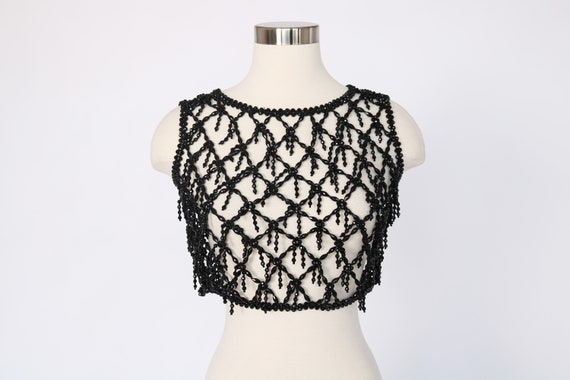 Vintage Black Beaded Fringe Top | Crop Beaded Over