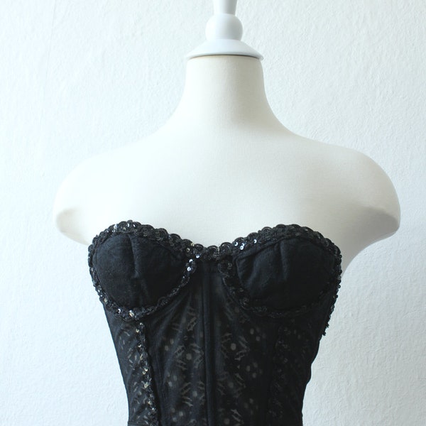 80s SEQUIN LACE Sweetheart Crop Bustier Backless Corset 34a 32a xs s