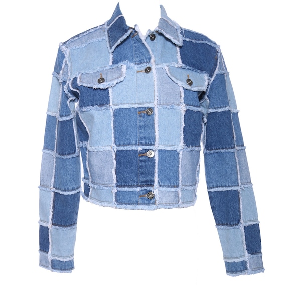 Vtg 90s PATCHWORK DENIM Crop Fitted Denim Jacket S