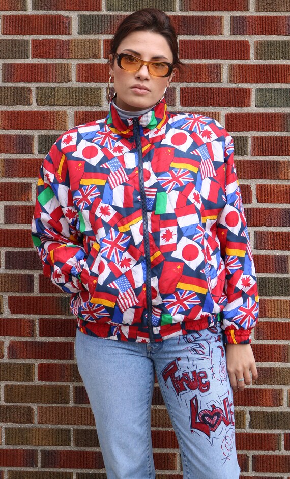 Vtg 90s INTERNATIONAL FLAG Pop Art SILK Bomber Rac