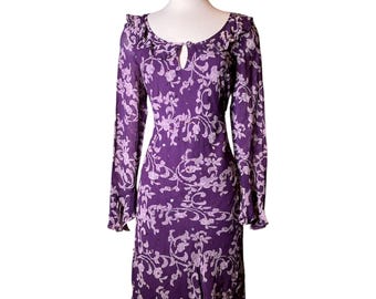 Vintage Y2K Rayon Bias Cut Langarm Plum Floral Paillettenkleid