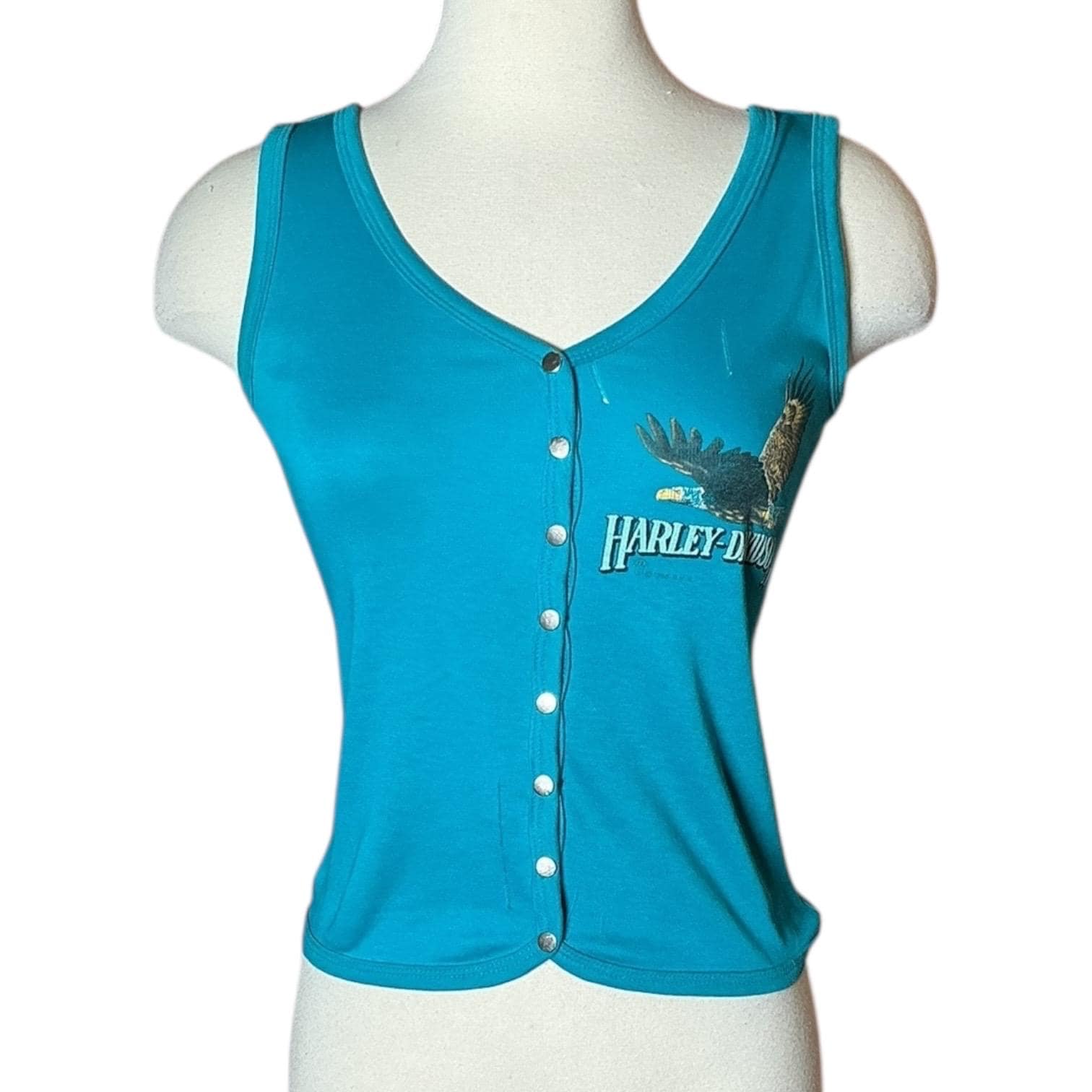 Vintage Y2K Harley Davidson Teal Button up V-neck Fitted Tank Top