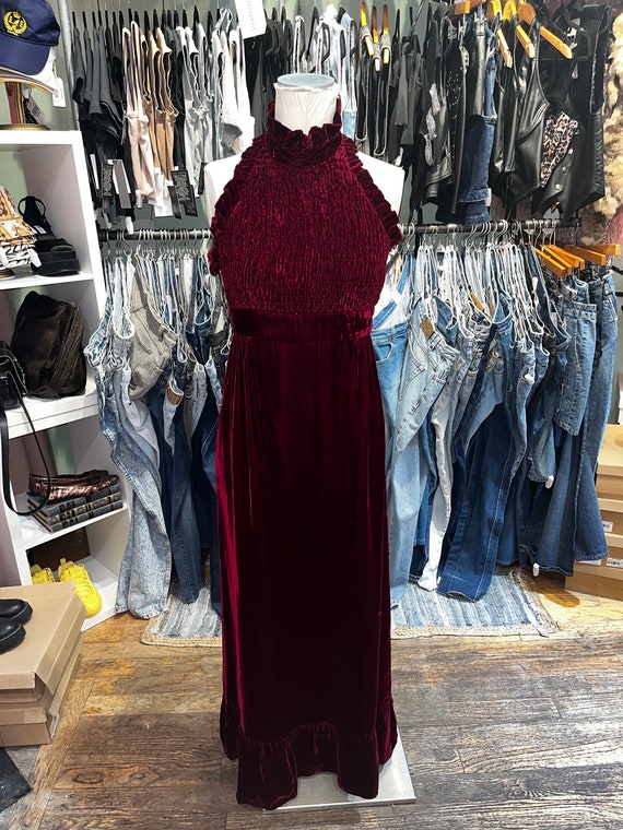 Vintage 70s smocked velvet maxi dress