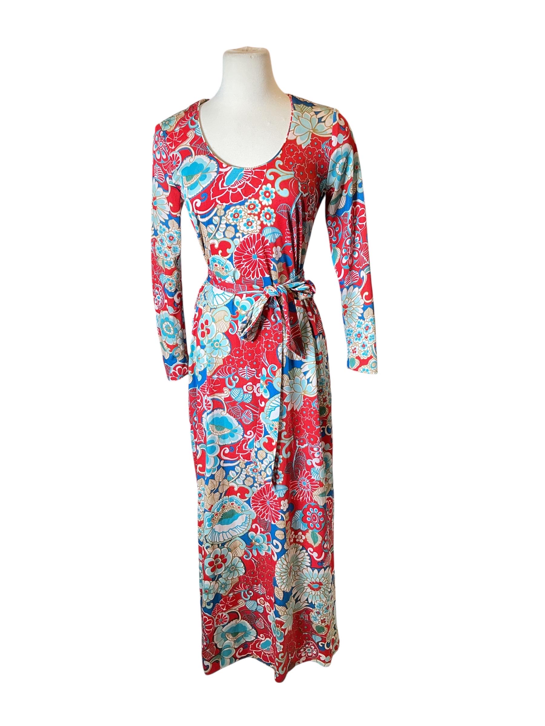 Vintage 80s Red Floral Long Sleeve Scoop Neck Boho Colorful Mod Print Maxi Dress S