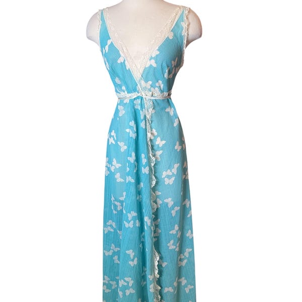 Vintage 1960s butterfly print wrap maxi cotton summer dress S