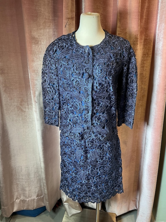 Vintage 60’s Italian raffia straw navy blue jacke… - image 1