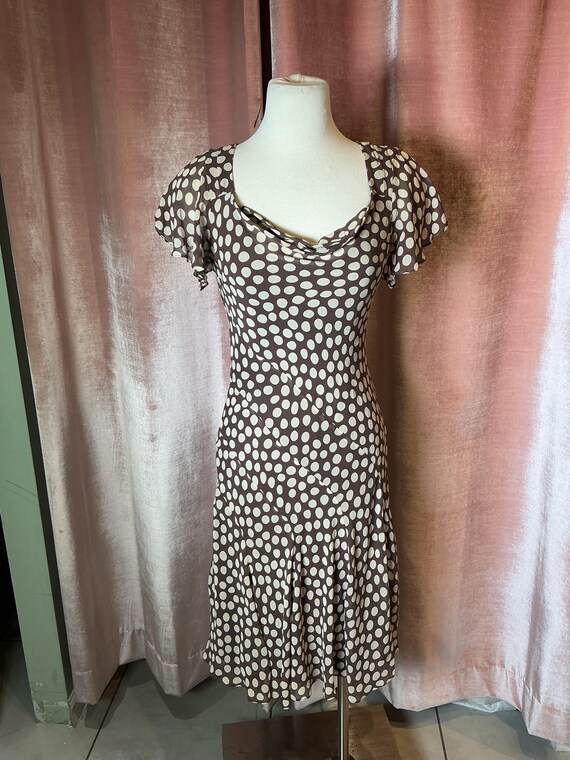 Vintage Y2K Adrianna Papell silk chiffon polka dot cowl neck flutter sleeve bias cut midi dress - s