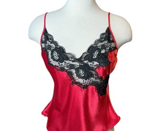 Vintage Y2K Victoria’s Secret Red Cropped Satin Lace Trim  Cami Top M