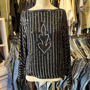 Vintage 1980’s black Silk Sequins Beaded Long Sleeve Blouse- M/L
