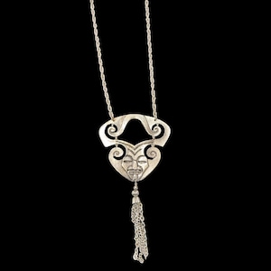 Vintage 1970s Mayan Tribal Hinged Fringe Silvertone Tassel Long Necklace