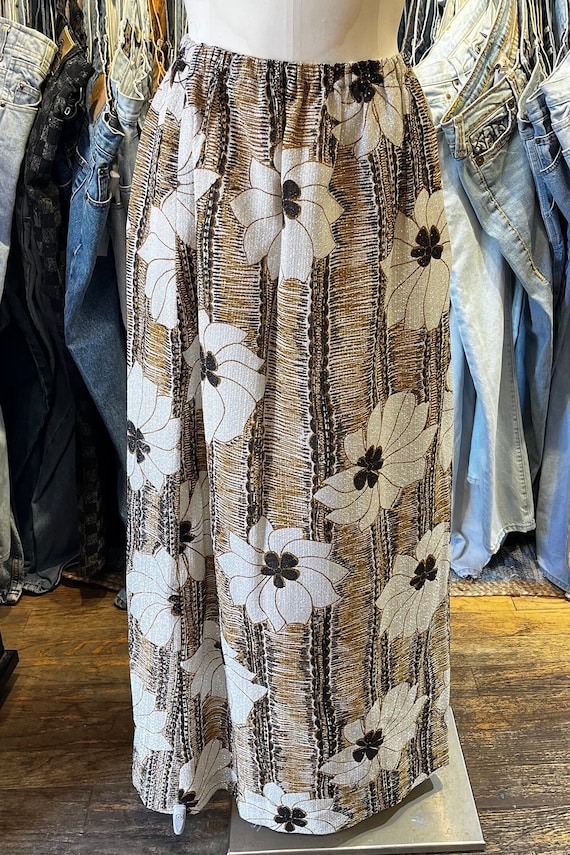 Vtg 70s gold and silver lamé floral maxi skirt