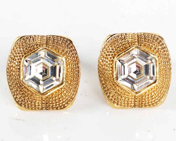 Vtg CHANEL Gold Plated Hexagon Rhinestone CLIP ON