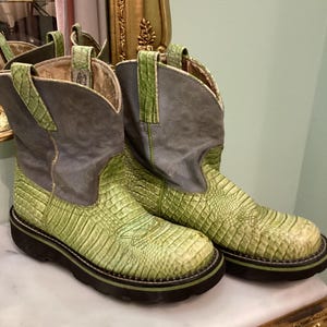 Vintage Leather Lime Green & Gray Snake Western Cowboy Boot Size 8 1/2
