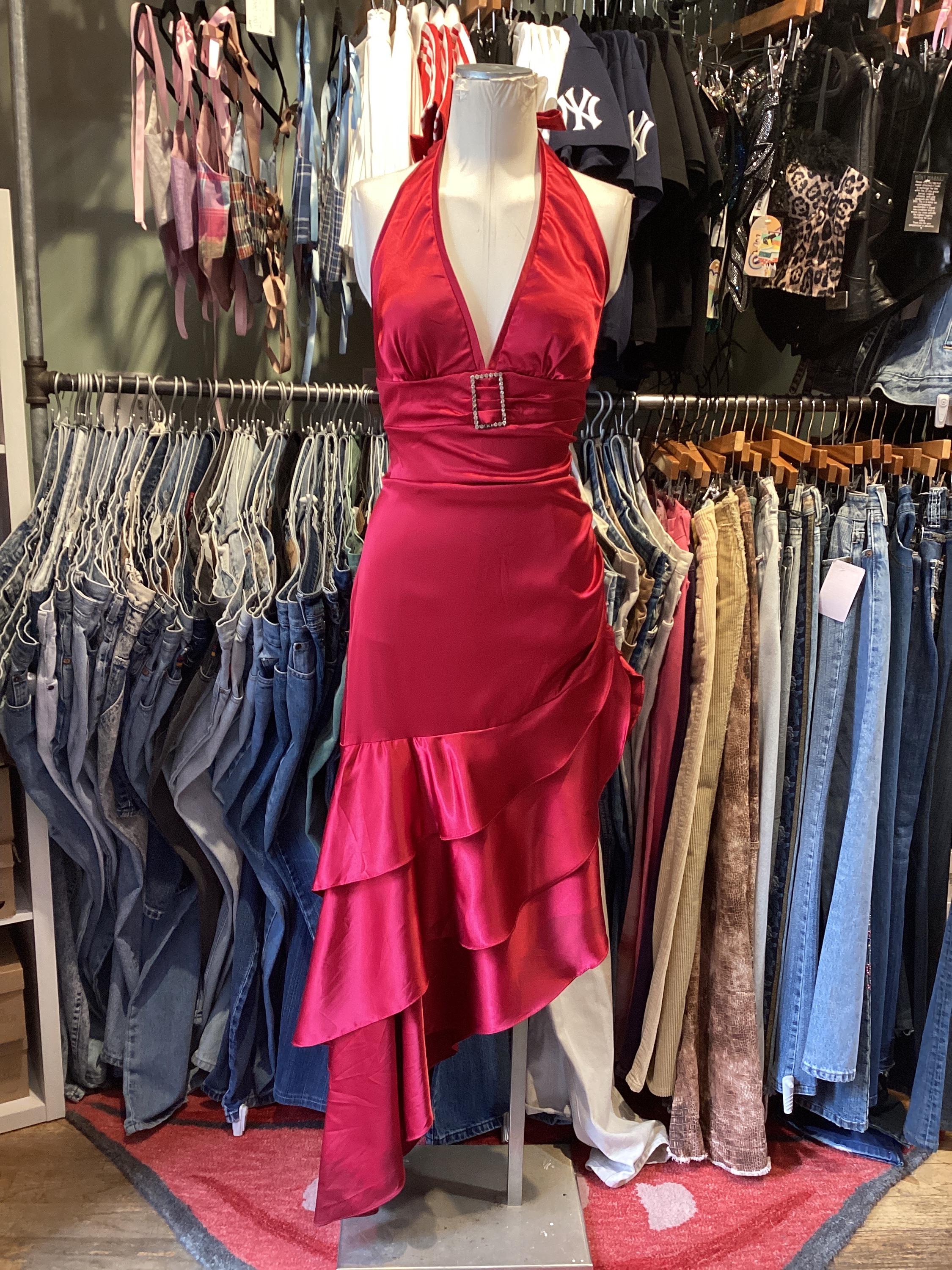 Vintage 90s Drop Waist Asymmetrical Formal Halter Maxi Dress