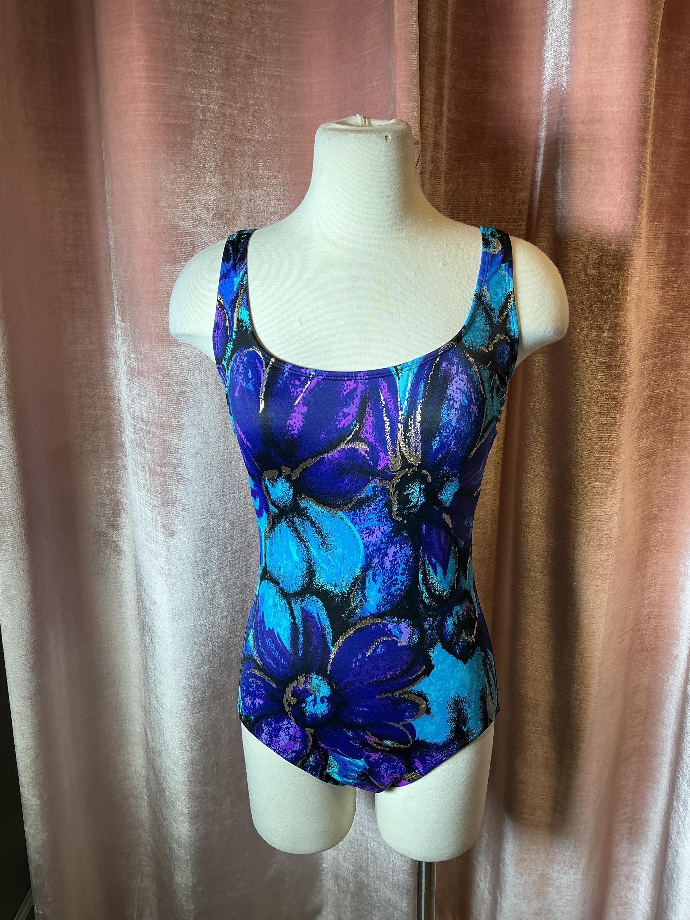 Maillot de bain une pièce floral vintage des années 90 à fleurs violettes bleu sarcelle de bain S