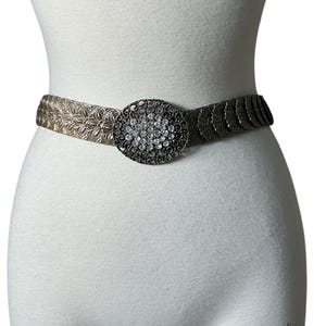 Vintage 1990’s brass rhinestone buckle stretch belt