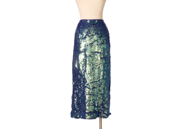 Double Slit Iridescent Party Skirt Vintage Sequin Side Slit Midi Skirt