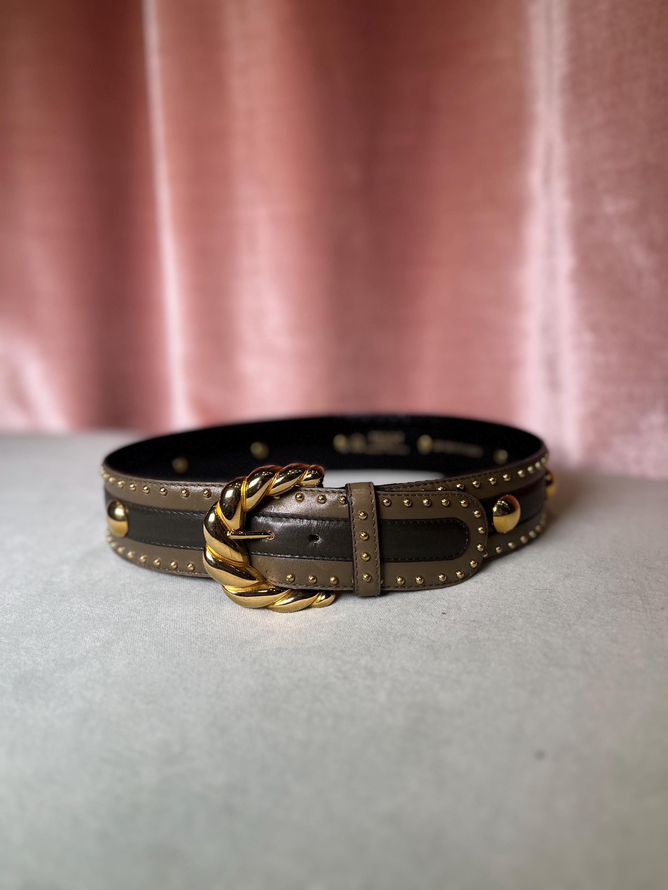 Vintage 1980's Army Green Escada Studded Stripe Waist Leather Belt