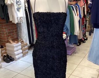 Vintage Y2K Black Ribbon Lace Square Neck Wiggle Stretch Bodycon Dress small
