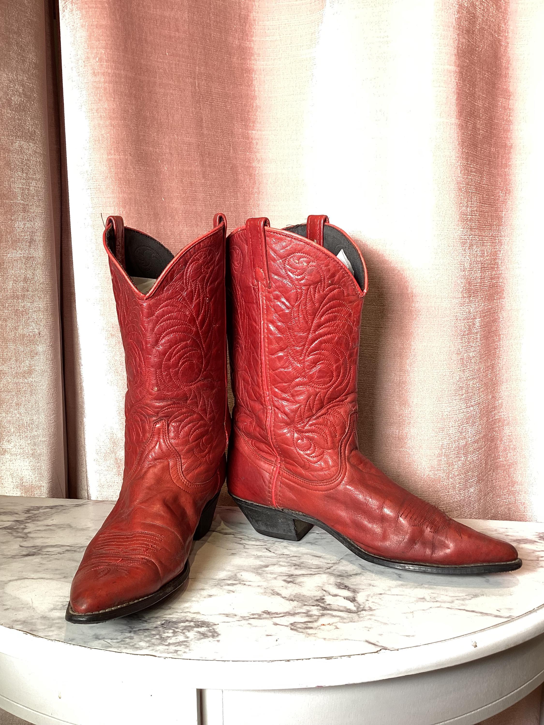Vintage 90's Acme Red Leather Embroidered Western Leather Boots 9