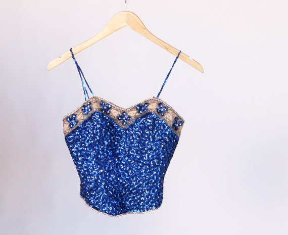 Vintage Blue Sequin Bustier Top | Beaded Sweethear