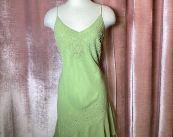 Vintage Y2k Puff Beaded V Neck Bias Cut Hi Low Asymmetrical Dress
