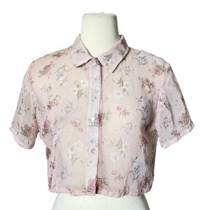 Vintage Vintage Sheer Floral Pink Button-Up Short Sleeve Shabby crop Shirt S