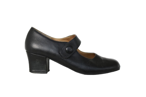 Vintage Black Leather Mary Jane Shoes | Block Heel